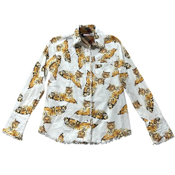 Tizzie Womens Medium Tiger Print Button-Up Shirt W/ Frayed Hem & Collar - Picture 1 of 7